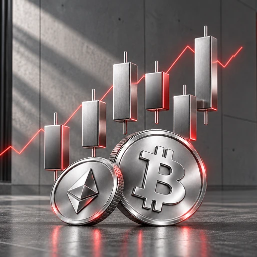 Bitcoin and Ethereum beside a rising candlestick chart