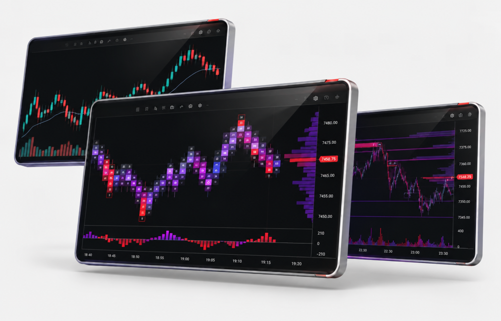 ATAS order flow charts displayed on three screens